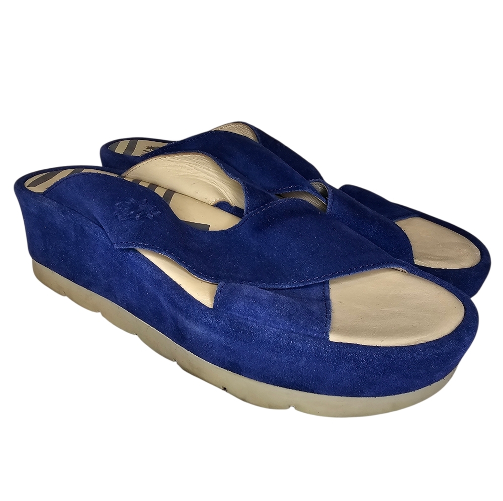 Fly London Begs Wedge Sandals - Women's Size 40 - Blue Suede Chunky Platform - Picture 2 of 14